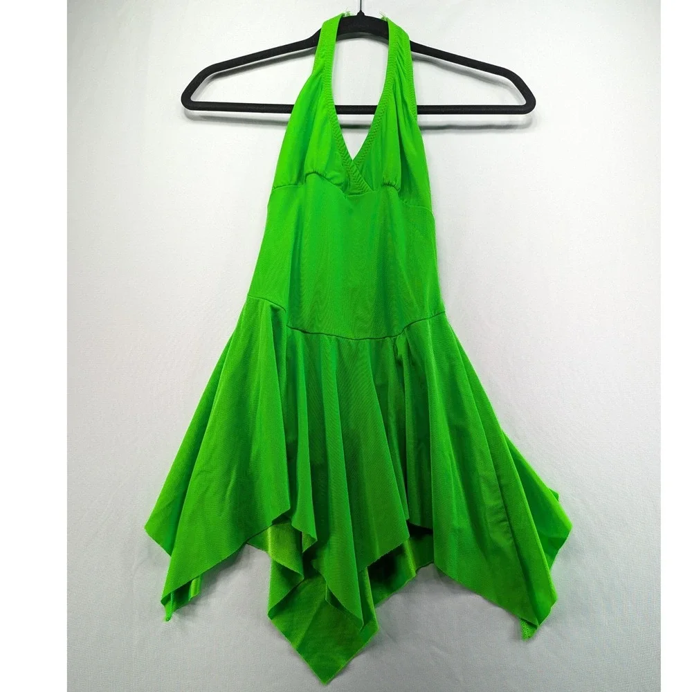 Curtain Call Perform Neon Green Halter Handkerchief Dance Dress Leotard LM P9815